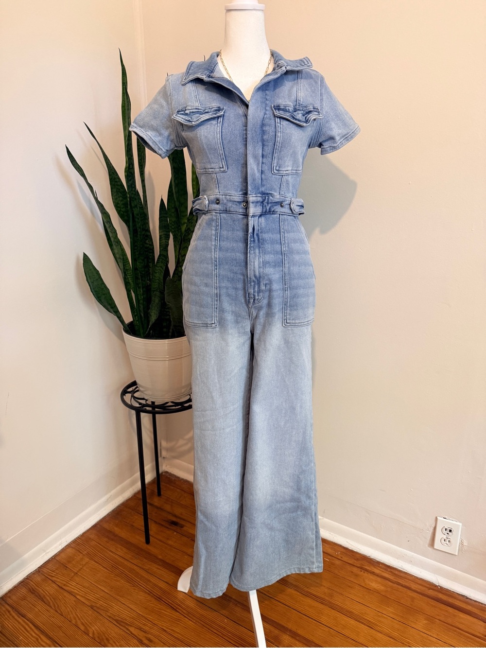 Good American | Wide Leg Light Blue Short Sleeve Denim Jumpsuit